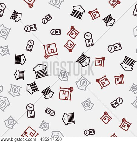 Set Line Warehouse, Cardboard Box With Clock, Price And Measurement On Seamless Pattern. Vector