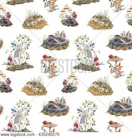 Beautiful Vector Seamless Forest Pattern With Cute Watercolor Hand Drawn Wild Animals Snake Mouse Fr