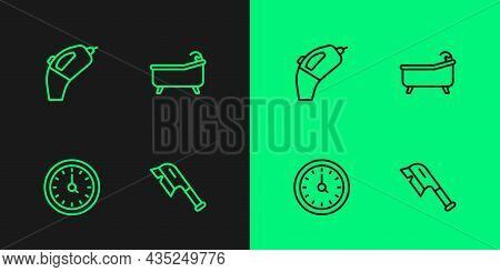 Set Line Brush For Cleaning, Clock, Portable Vacuum Cleaner And Bathtub Icon. Vector
