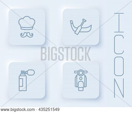 Set Line Italian Cook, Gondola Boat, Perfume And Scooter. White Square Button. Vector