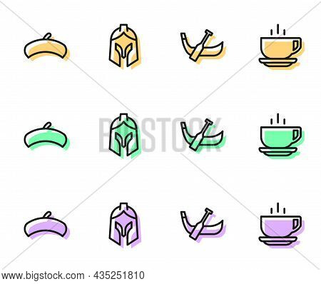 Set Line Gondola Boat, French Beret, Roman Army Helmet And Coffee Cup Icon. Vector