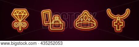 Set Line Stud Earrings, Diamond Engagement Box, King Crown And Christian Cross Chain. Glowing Neon I