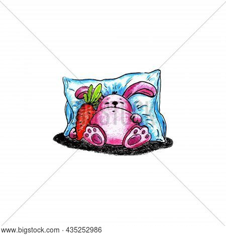 A Stuffed Rabbit Sleeps On A Pillow Hugging A Carrot