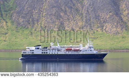 Dynjandi, Iceland On August 6, 2021: National Geographic Explorer Floating In The Fjord Near Dynjand