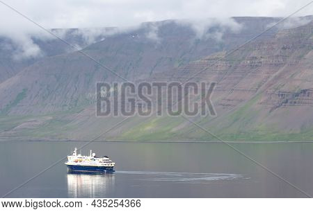 Dynjandi, Iceland On August 6, 2021: National Geographic Explorer Floating In The Fjord Near Dynjand