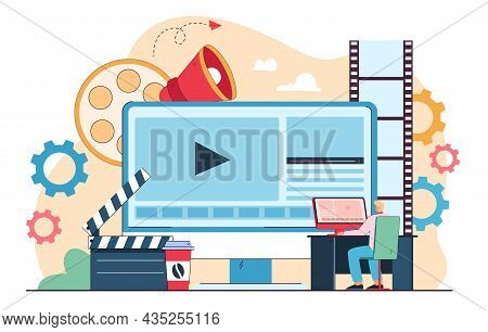 Male Cartoon Character Publishing Multimedia Content In Studio. Business Person Working On Visual Ef