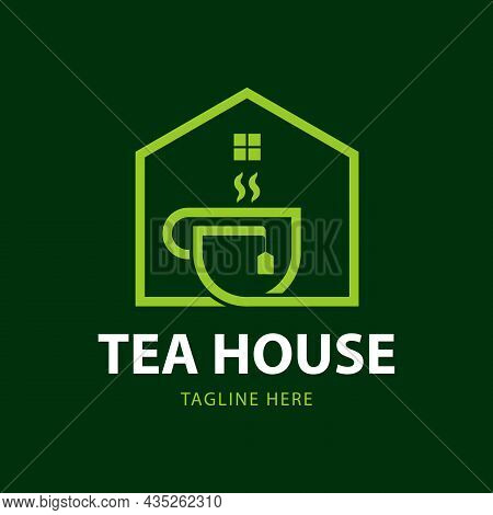 Teahouse Logo Template Design. Home Line Design And A Cup Of Tea. Vector Line Art Icon Template