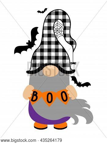 Adorable Halloween Gnome With Witch Boo Text - Gnome With Pumpkin Lantern. Nordic Magic Dwarf. Cute 