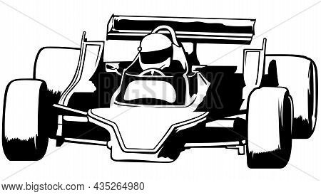 Race Car And Driver - Black And White Illustration Isolated On White Background, Vector