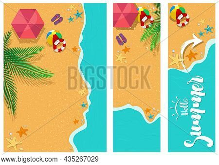 Set Of Summer Time Backgrounds Or Banners - Colored Illustrations With Sandy Beach And Seacoast And 