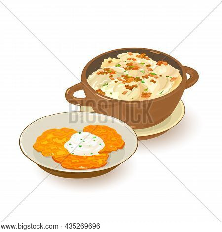 Hot Homemade Ukrainian Dish, Hash Browns With Sour Cream, Pieces Of Lard. Vector National Cuisine, N