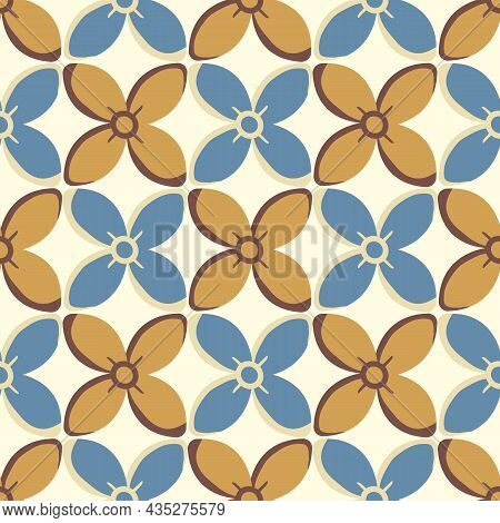 Simple Medieval Style Stylized Flowers Vector Pattern Background. Hand Drawn Gold Ochre Blue Floral 