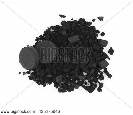 Activated Charcoal On White Background, Top View. Potent Sorbent