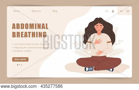 Diaphragmatic Breathing. Landing Page Template. Girl Practicing Abdominal Breathing For Good Relaxat