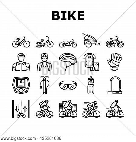 Bike Transport And Accessories Icons Set Vector. Bike And Tricycle, Rider Protective Helmet And Clot