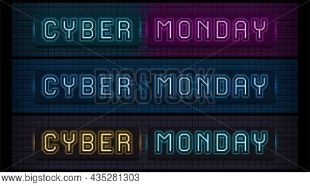 Neon Cyber Monday Sale, Set Of Website Header. Glowing Neon Text Of Cyber Monday For Website Header 