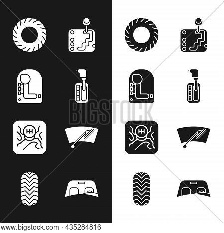 Set Gear Shifter, Car Tire, Windscreen Wiper, Windscreen And Icon. Vector
