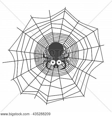 Black And White Vector Illustration Of Spider In Spiderweb Center. Dangerous Spider Weaves Trap. Ter