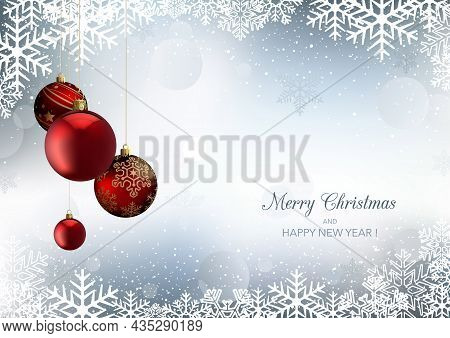 Elegant Merry Christmas Greeting Card With Snowflakes And Hanging Red Christmas Balls On Frozen Back