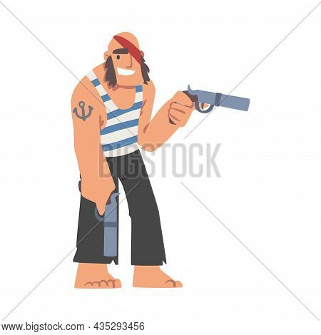 Brutal Man Pirate Or Buccaneer Character In Striped Vest As Marine Robber With Pistol Aiming Vector 