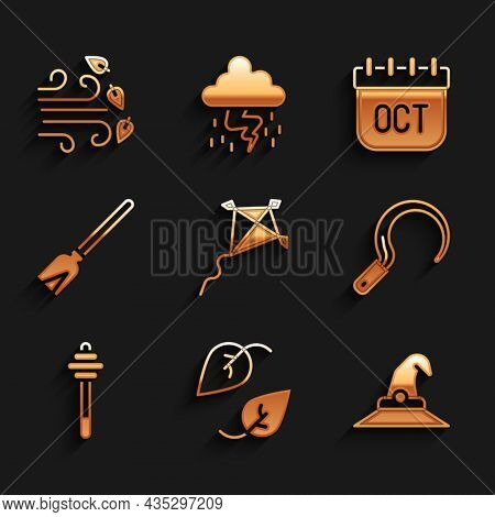 Set Kite, Leaf, Witch Hat, Sickle, Honey Dipper Stick, Handle Broom, October Calendar Autumn And Win