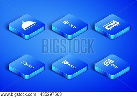 Set Barbecue Steel Grid, Covered With Tray Of Food, Fork, Fork, Kitchen Whisk And Electronic Scales 