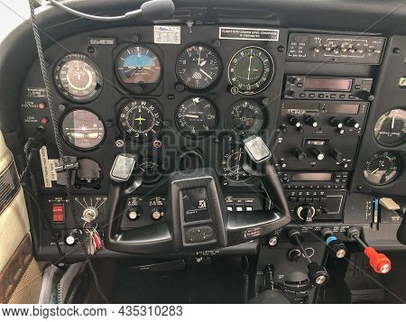 Hohenems, Austria, June 15, 2020 Cessna 182 Analog Instruments In The Cockpit
