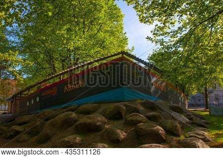 Arken Wooden Boat In Folkets Park Made On The Big Rocks. Famous Tourist Attraction In Swedish City M
