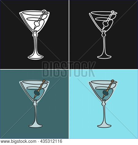 One Line Drawing Martini Glass With Olive On Various Background. Four Types Of Images. Colored Carto