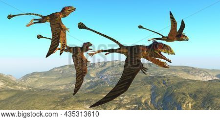 Peteinosaurus Reptile Flight 3d Illustration - A Flock Of Peteinosaurus Reptiles Fly Over A Mountain