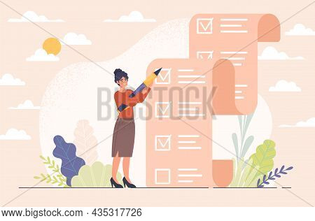 Month Planning Concept. Woman Stands Next To Large To Do List. Employee Competently Manages Time And