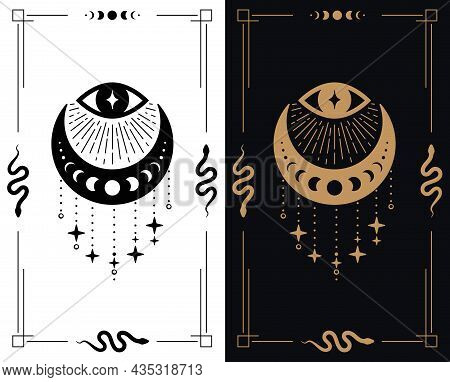 All Seeing Eye With Half Moon And Stars For Esoretic Theme Design Template In Two Colors