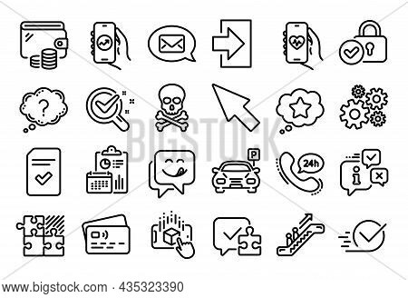 Vector Set Of Yummy Smile, Loyalty Star And Puzzle Line Icons Set. Calendar Report, Money Wallet And
