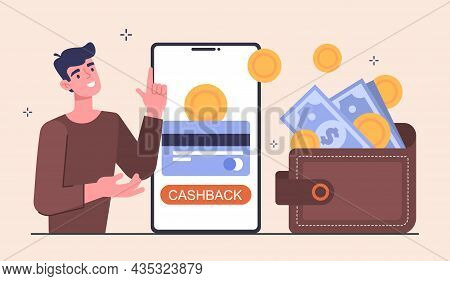 Online Payment Or Money Refund. Man Makes Purchases On Internet And Receives Cashback In His Wallet.