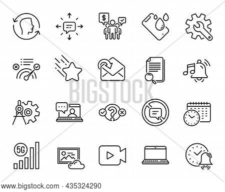 Vector Set Of Cogwheel Dividers, Smartphone Waterproof And Alarm Sound Line Icons Set. 5g Wifi, Sms 