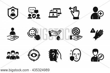 Vector Set Of Ask Question, Touchscreen Gesture And Safe Planet Icons Simple Set. Group, Security Ag