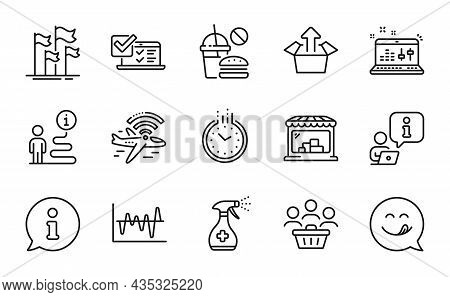 Business Icons Set. Included Icon As Airplane Wifi, Stock Analysis, Flags Signs. Yummy Smile, Market