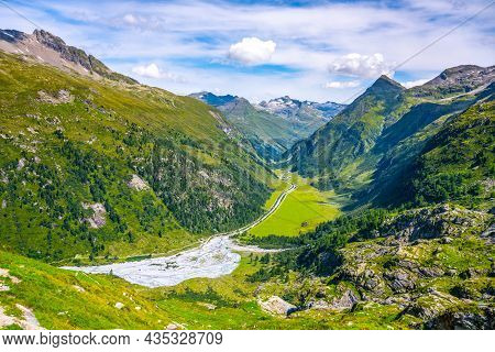 Green Meadow In Alpine Valley, Gschlosstal Valley, Hohe Tauern National Park, East Tyrol, Austrian A