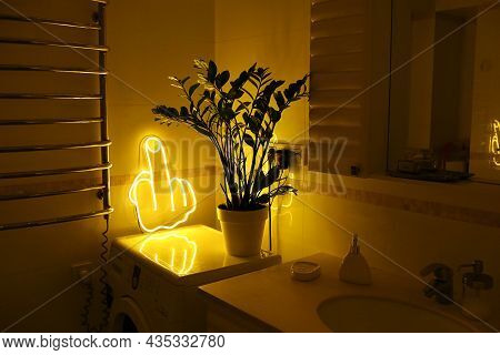 Yellow Neon Sign Fuck In Bathroom. Trendy Style. Neon Sign. Custom Neon.