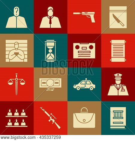 Set Law Book, Police Officer, Decree, Paper, Parchment, Scroll, Pistol Or Gun With Silencer, Old Hou