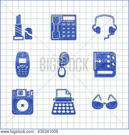 Set Ear With Earring, Retro Typewriter, Glasses, Sound Mixer Controller, Floppy Disk, Old Mobile Pho