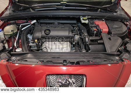 Novosibirsk, Russia - September    12, 2021: Peugeot 308 , Close Up Detail Of  Car Engine, Front Vie