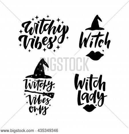 Halloween Holiday Text With Witch Hat, Broom - Witchy Vibes, Witch Lady. Hand Drawn Lettering Quote 