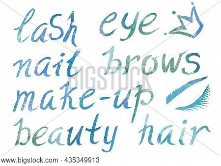 Watercolor Artistic Multicolor Set Of Makeup Elements A Beauty Theme On A White Background. Hand Wri