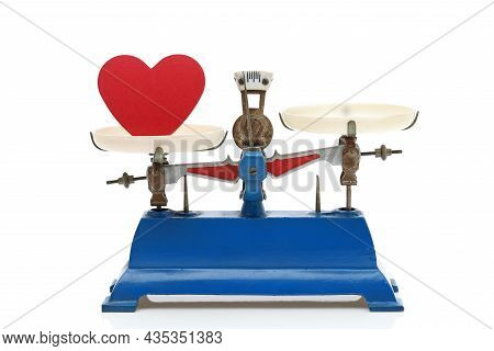 Retro Roberval Balance With Red Heart, Scale On A White Background