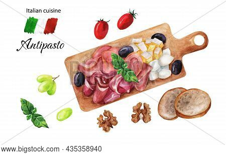 Watercolor Cheese Snack On Wooden Board. Bacon Brie, Salami, Mozzarella, Basil And Olives Isolated O