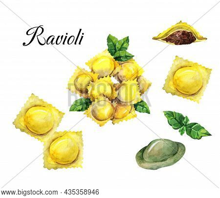 Ravioli Watercolor Illustration Isolated On White Background. Italian Food.
