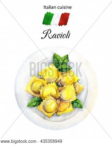 Ravioli Watercolor Illustration Isolated On White Background. Italian Food.