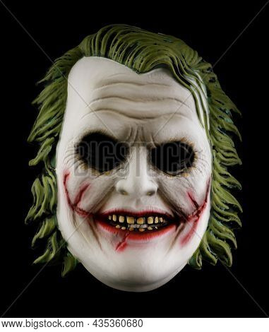 Mountain View, California - October 4, 2021: The Black Knight's Joker Mask Isolated On Black Backgro