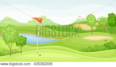 Countryside Golf Course With Hole, Red Flag. Green Summer Beautiful Landscape With Lake Vector Illus